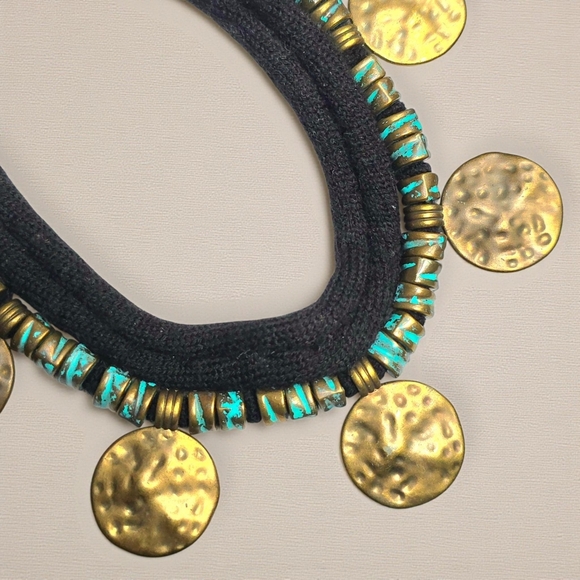 ποΈ Boho Chic Turkish Choker Necklace Bronze Plated Hammered Coins Cotton Band - Picture 6 of 9